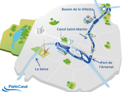 Mapa de las cruceros por los canales parisinos y el Sena