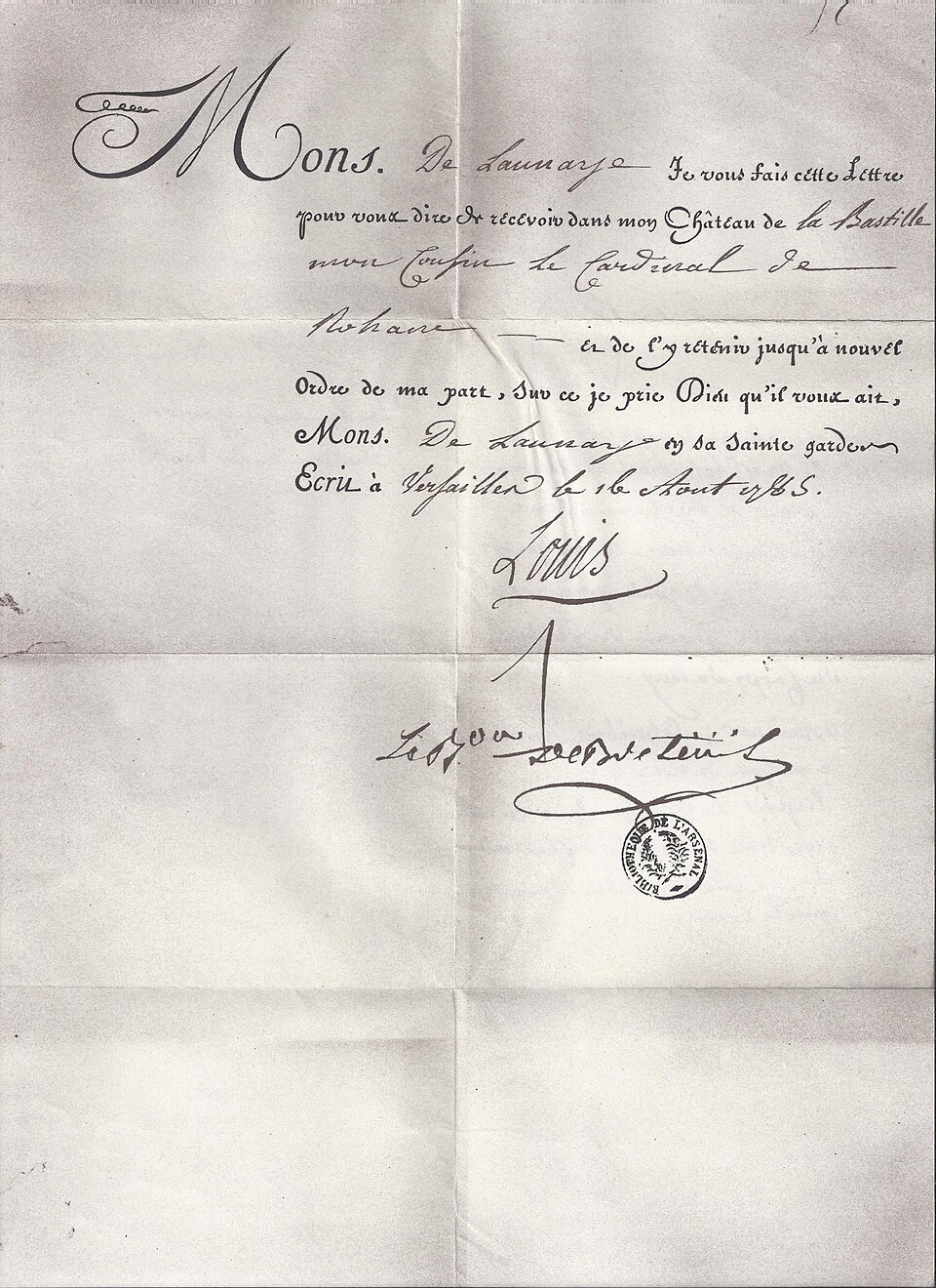 Affaire du collier de la Reine-Lettre_d'embastillement_du_Cardinal_de_Rohan_(1785-08-16).jpg