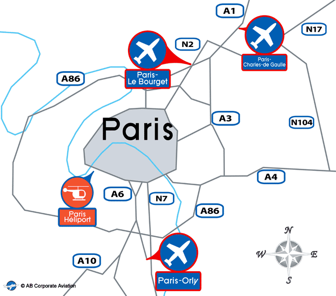 Carte-de-paris-avec-aeroports-et-autoroute-depuis-centre-ville